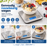 Digitale Keukenweegschaal 5 kg – RVS – Nauwkeurig tot 1 gram – Tare Functie – Elektronische Voedselweegschaal - Afbeelding 2