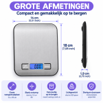 Digitale Keukenweegschaal 5 kg – RVS – Nauwkeurig tot 1 gram – Tare Functie – Elektronische Voedselweegschaal - Afbeelding 6